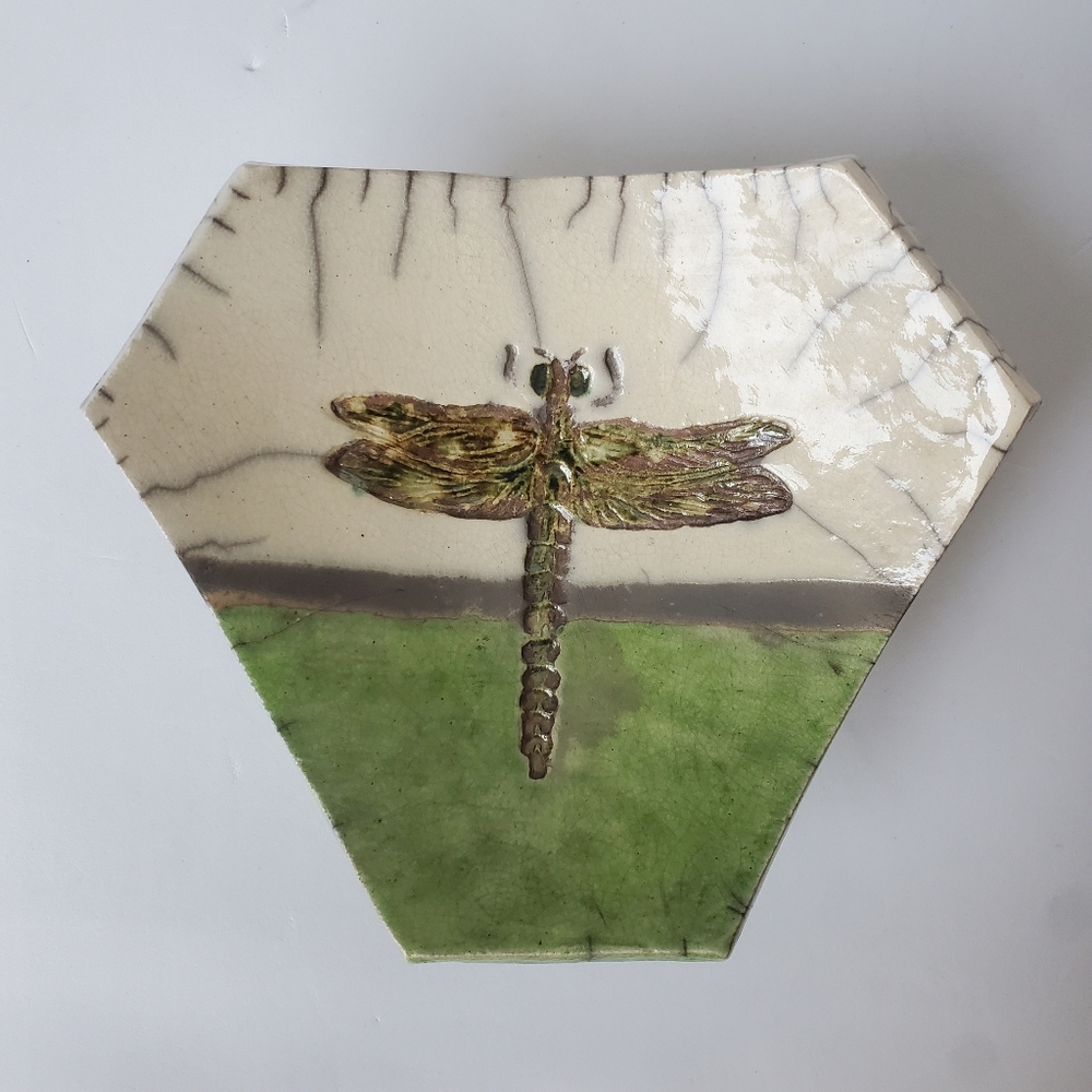 Signed Raku Studio Pottery Dragonfly Dish with Three Feet Bottom Stamp EUC